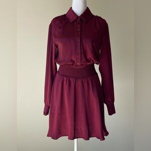 Steve Madden NWOT Long Sleeve Smocked Waist Satin Shirtdress in Burgundy